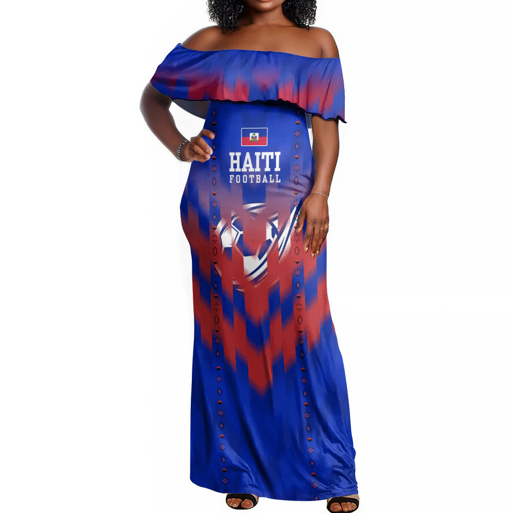 Personalized Haiti Football Off Shoulder Maxi Dress Brush Stroke Soccer Graphic Flag Colors