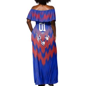 Personalized Haiti Football Off Shoulder Maxi Dress Brush Stroke Soccer Graphic Flag Colors