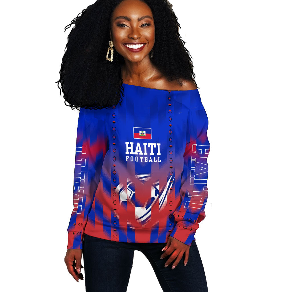 Personalized Haiti Football Off Shoulder Sweater Brush Stroke Soccer Graphic Flag Colors