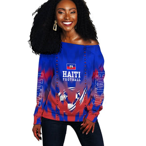 Personalized Haiti Football Off Shoulder Sweater Brush Stroke Soccer Graphic Flag Colors