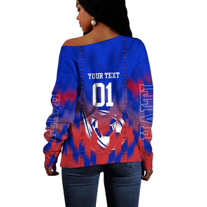 Personalized Haiti Football Off Shoulder Sweater Brush Stroke Soccer Graphic Flag Colors