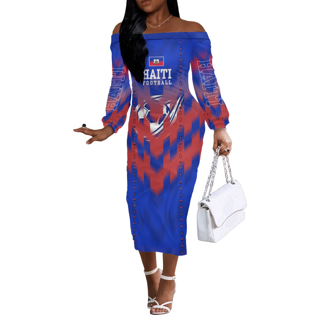 Personalized Haiti Football Off The Shoulder Long Sleeve Dress Brush Stroke Soccer Graphic Flag Colors