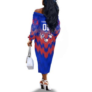 Personalized Haiti Football Off The Shoulder Long Sleeve Dress Brush Stroke Soccer Graphic Flag Colors
