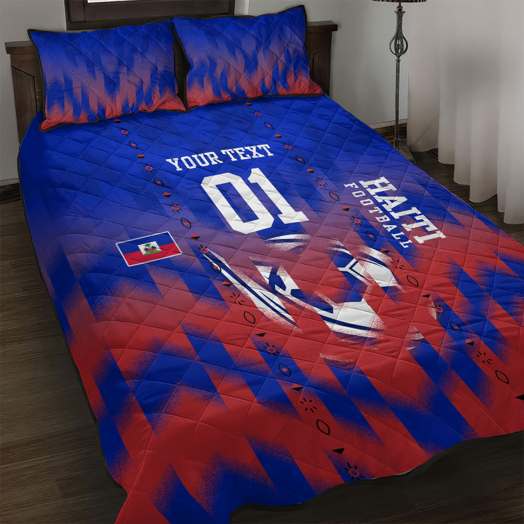 Personalized Haiti Football Quilt Bed Set Brush Stroke Soccer Graphic Flag Colors