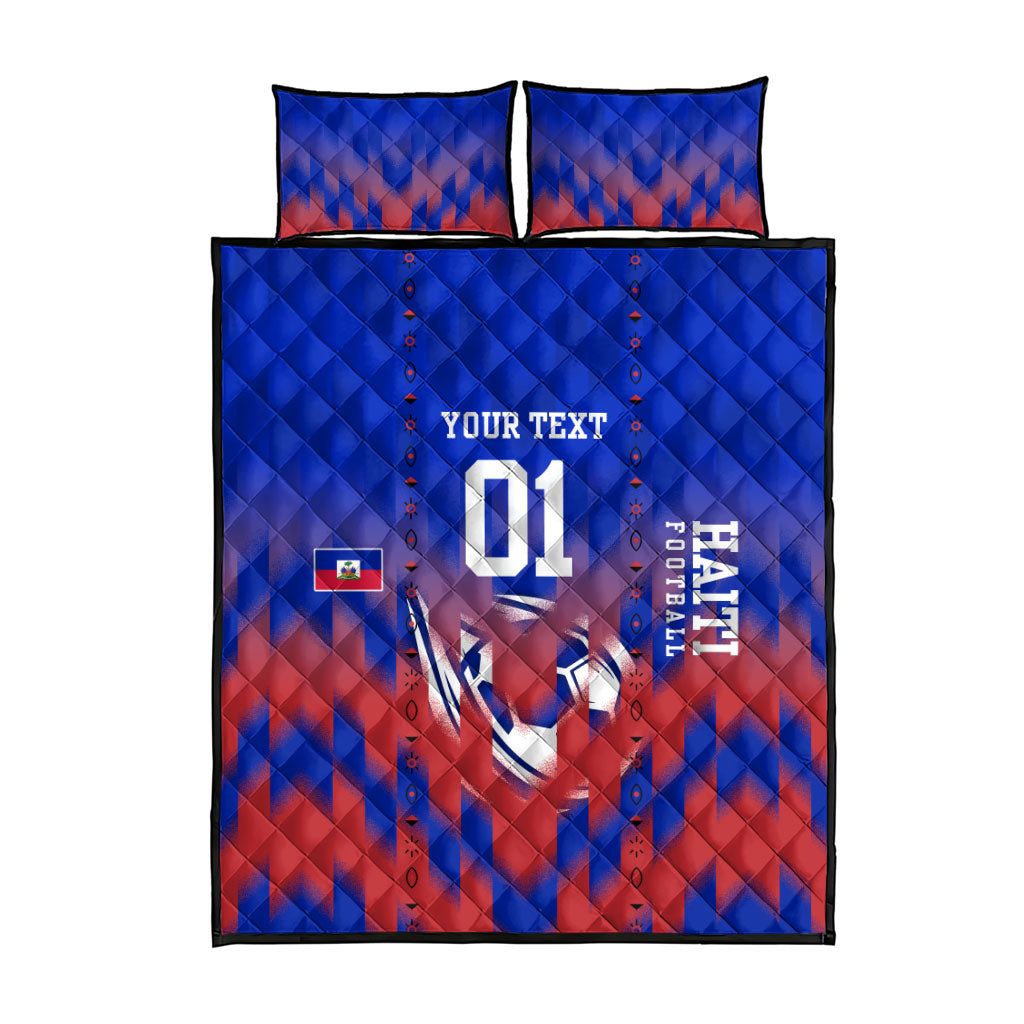 Personalized Haiti Football Quilt Bed Set Brush Stroke Soccer Graphic Flag Colors