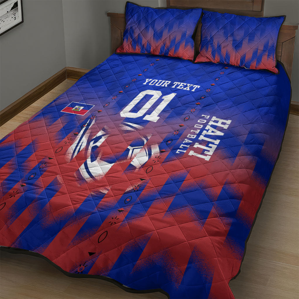 Personalized Haiti Football Quilt Bed Set Brush Stroke Soccer Graphic Flag Colors