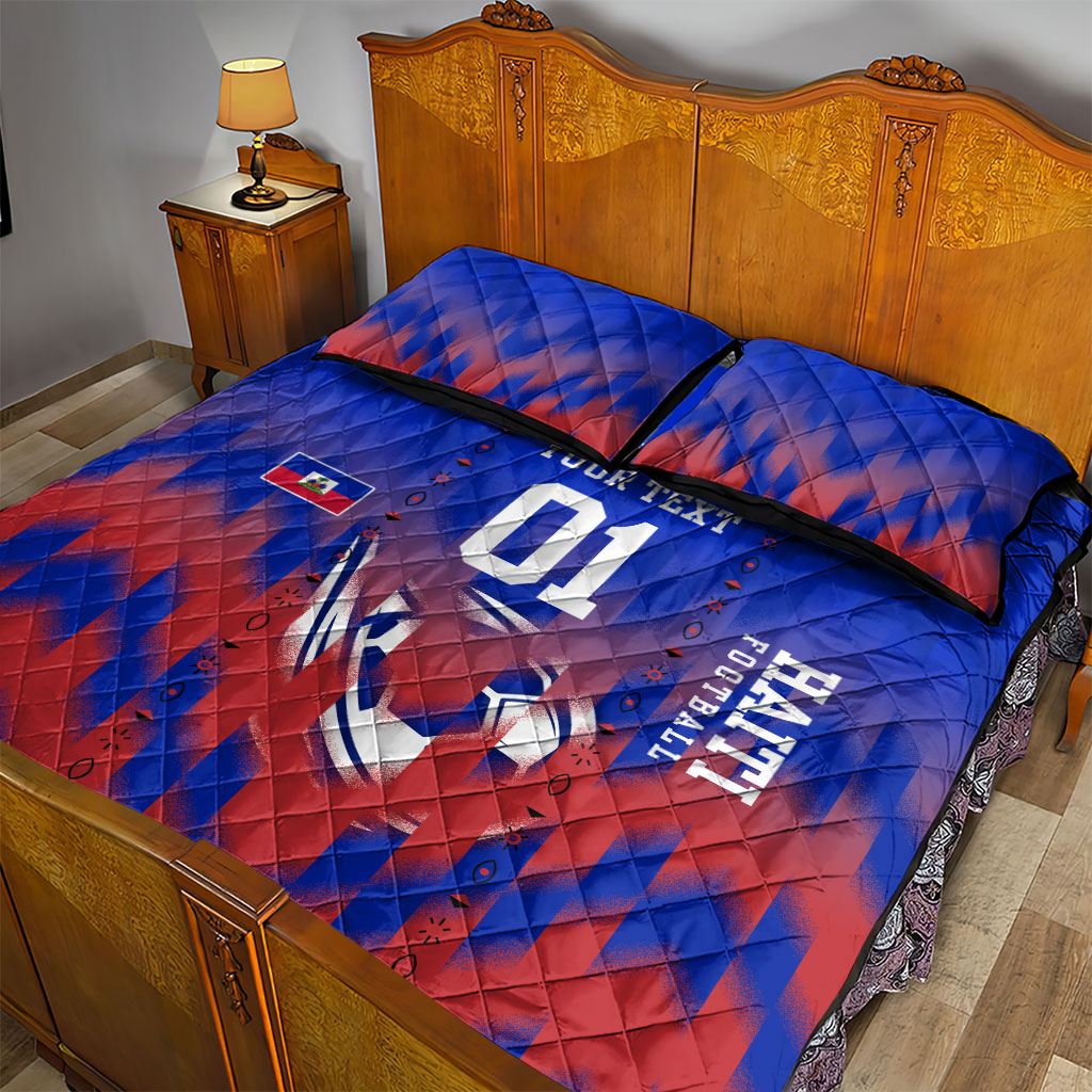 Personalized Haiti Football Quilt Bed Set Brush Stroke Soccer Graphic Flag Colors