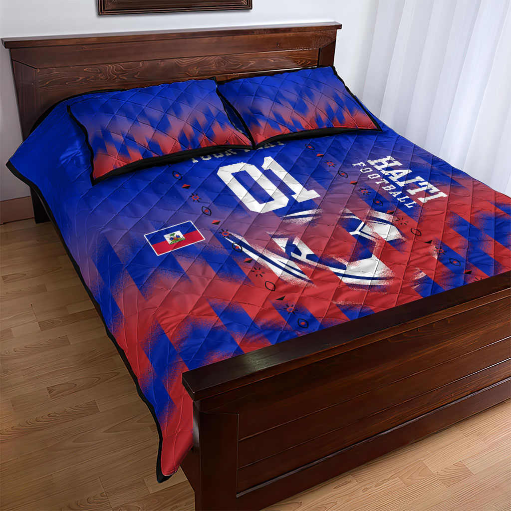 Personalized Haiti Football Quilt Bed Set Brush Stroke Soccer Graphic Flag Colors