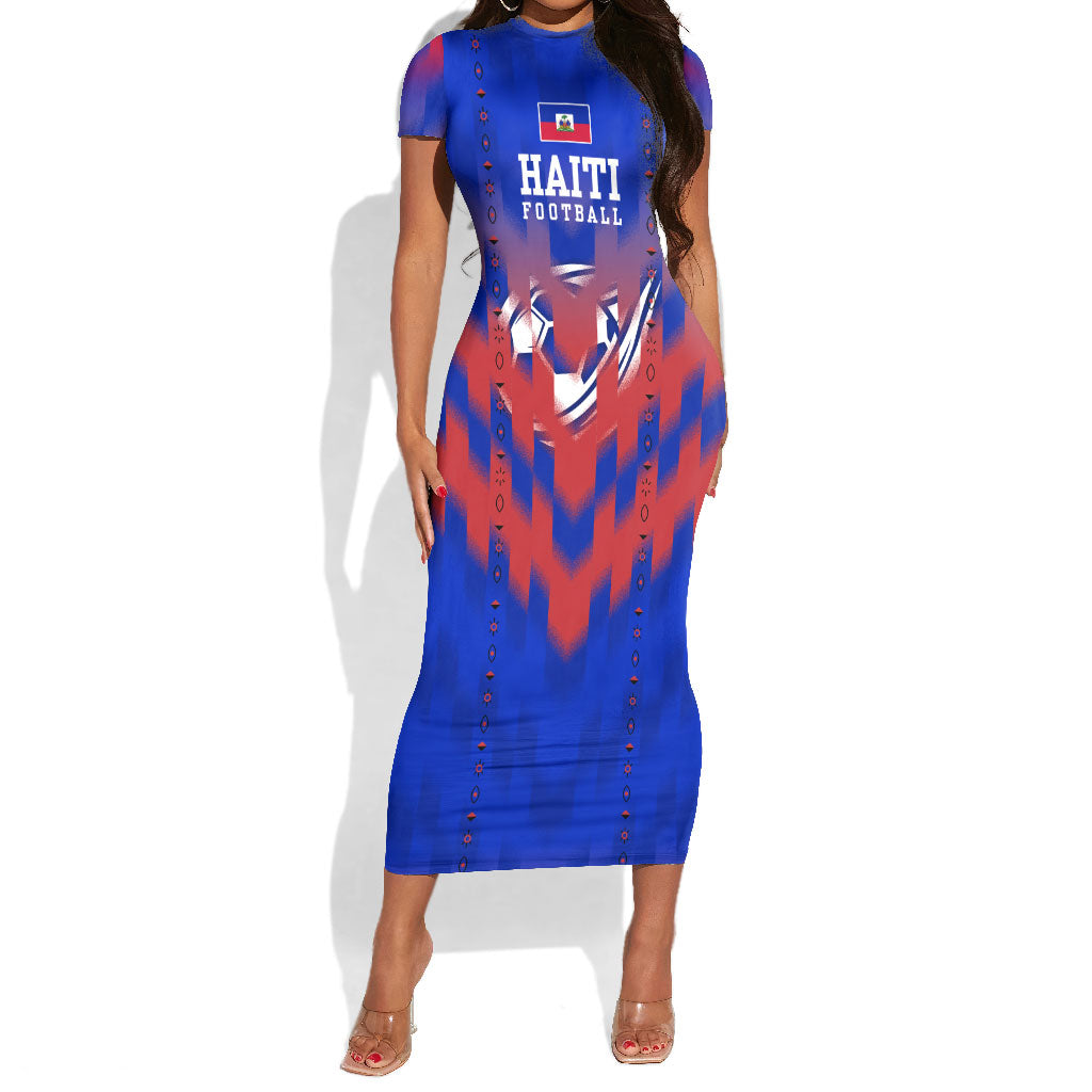 Personalized Haiti Football Short Sleeve Bodycon Dress Brush Stroke Soccer Graphic Flag Colors
