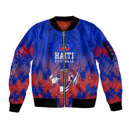 Personalized Haiti Football Sleeve Zip Bomber Jacket Brush Stroke Soccer Graphic Flag Colors