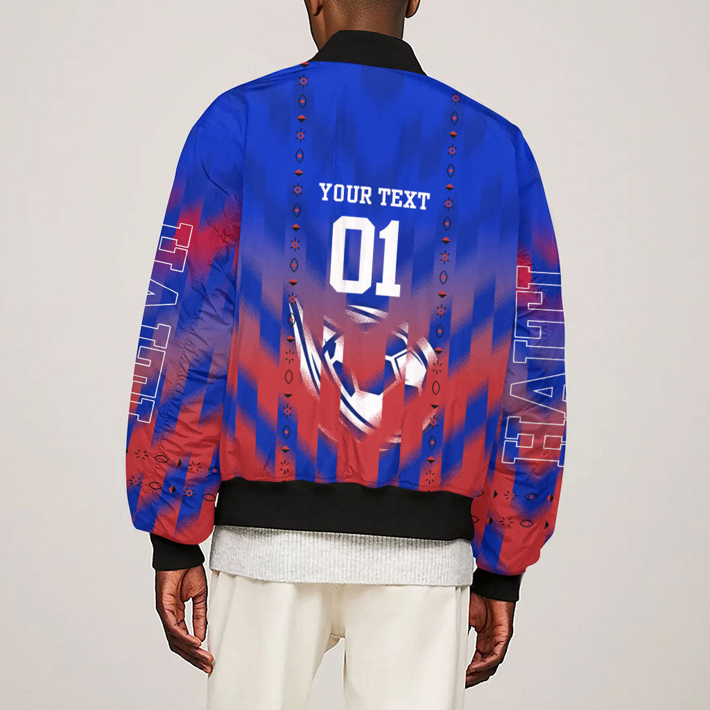 Personalized Haiti Football Sleeve Zip Bomber Jacket Brush Stroke Soccer Graphic Flag Colors
