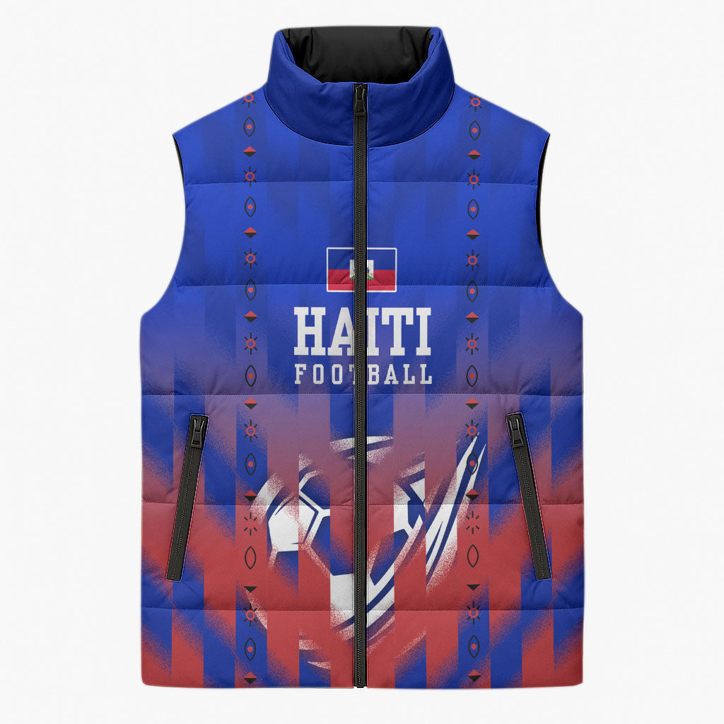 Personalized Haiti Football Sleeveless Puffer Jacket Brush Stroke Soccer Graphic Flag Colors