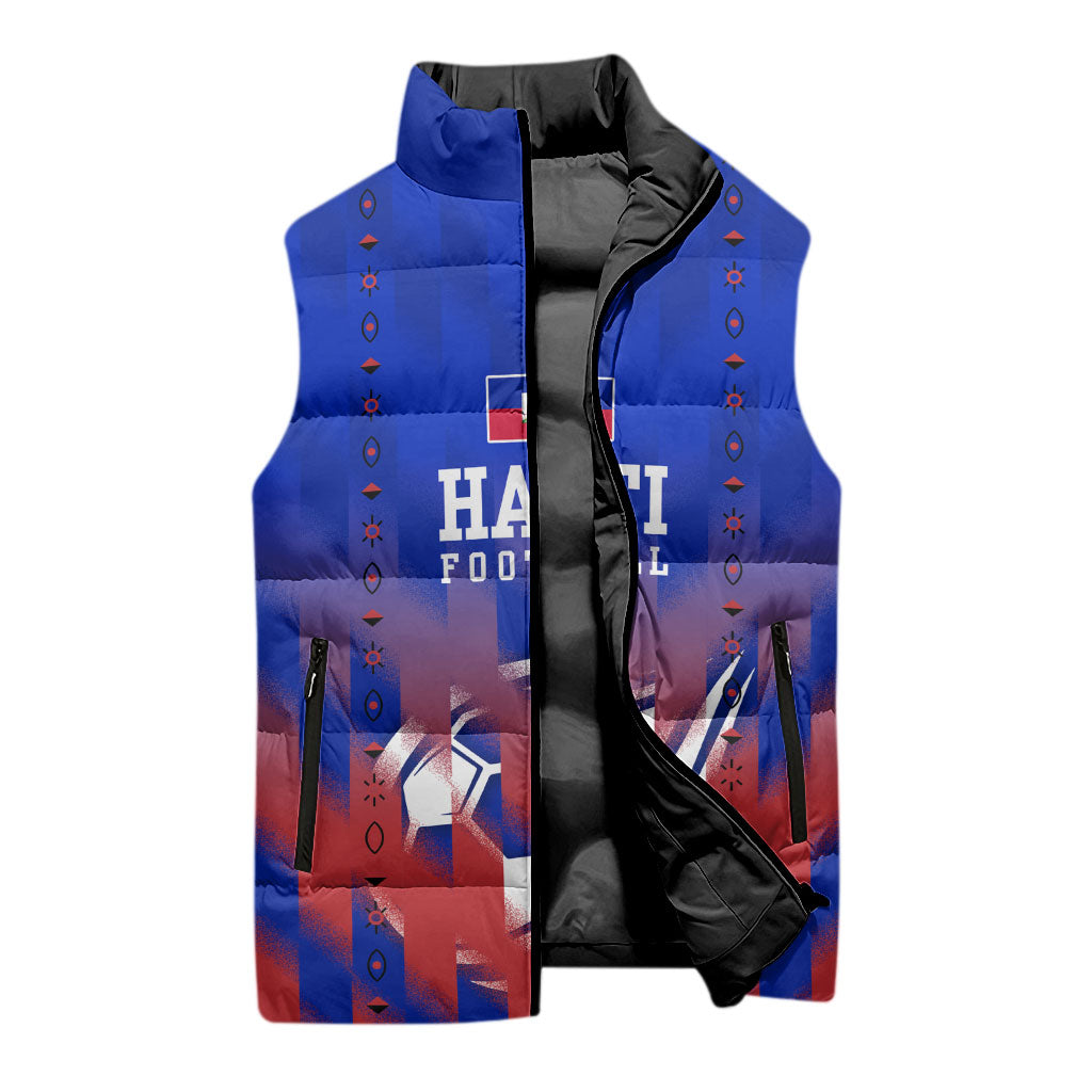 Personalized Haiti Football Sleeveless Puffer Jacket Brush Stroke Soccer Graphic Flag Colors