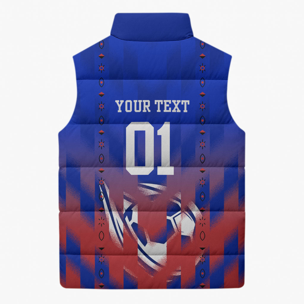 Personalized Haiti Football Sleeveless Puffer Jacket Brush Stroke Soccer Graphic Flag Colors
