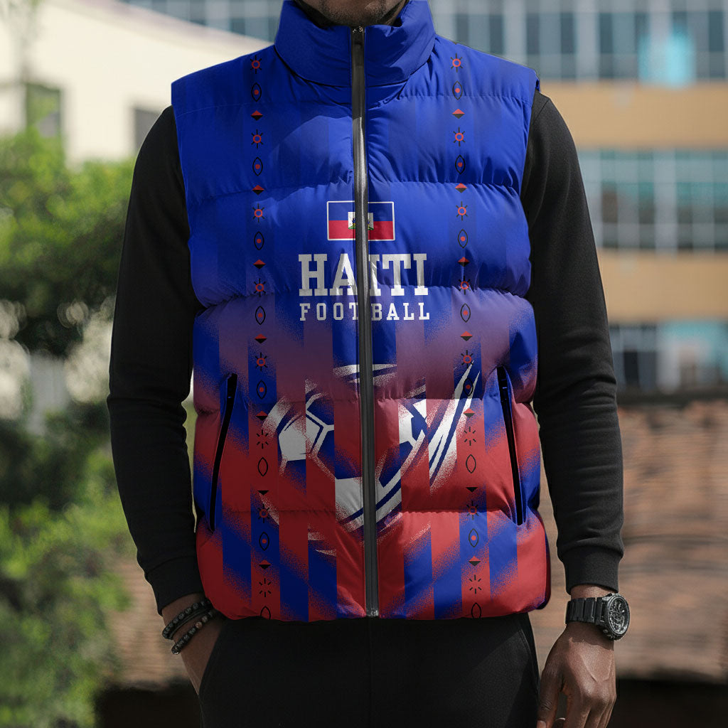 Personalized Haiti Football Sleeveless Puffer Jacket Brush Stroke Soccer Graphic Flag Colors