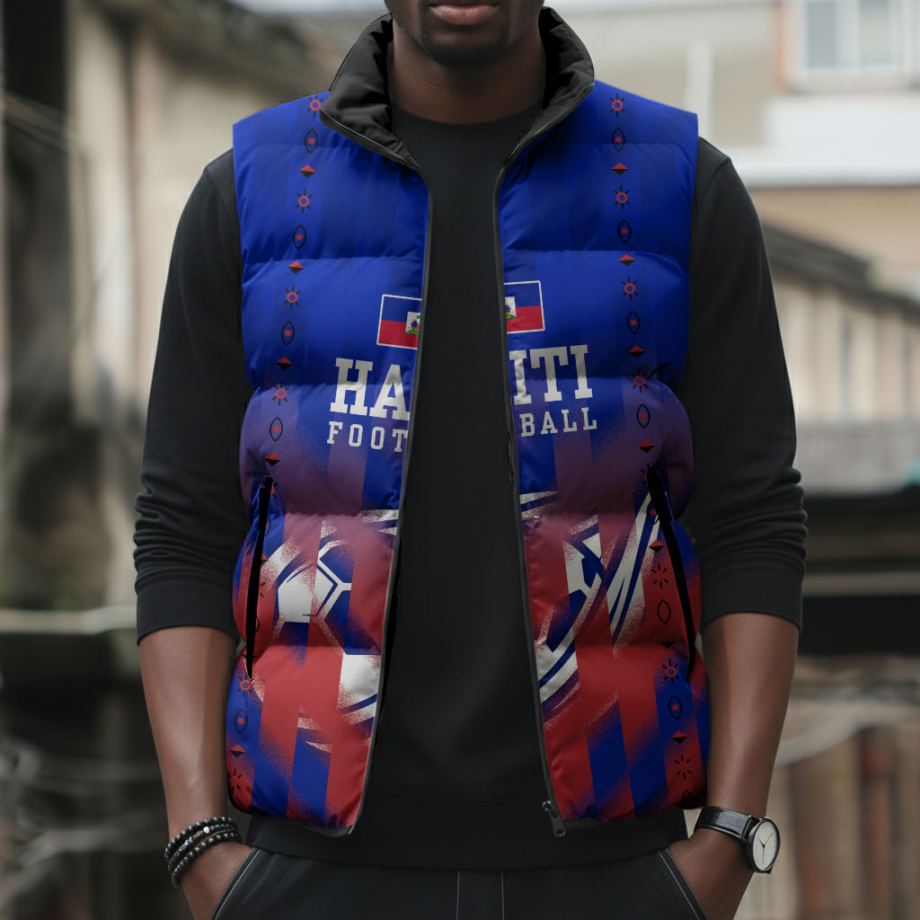 Personalized Haiti Football Sleeveless Puffer Jacket Brush Stroke Soccer Graphic Flag Colors