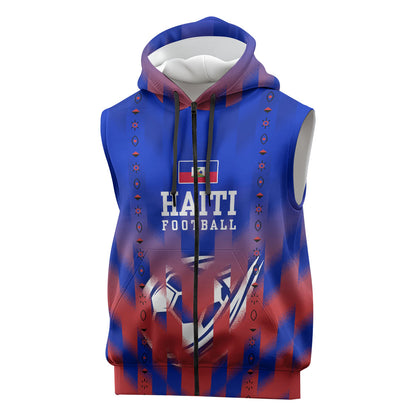 Personalized Haiti Football Sleeveless Zip Hoodie Brush Stroke Soccer Graphic Flag Colors
