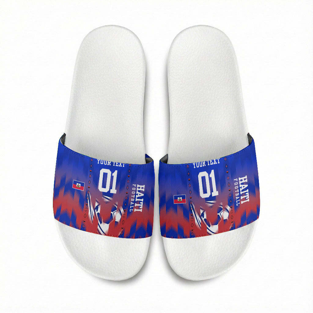 Personalized Haiti Football Slide Sandals Brush Stroke Soccer Graphic Flag Colors