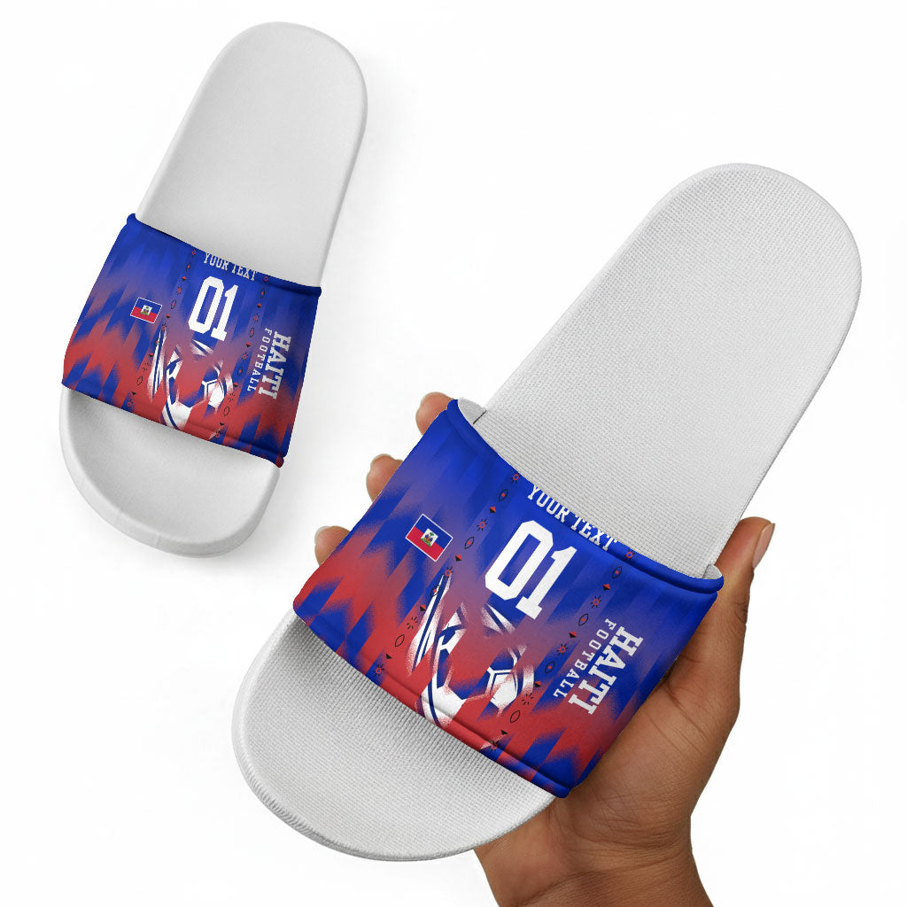 Personalized Haiti Football Slide Sandals Brush Stroke Soccer Graphic Flag Colors