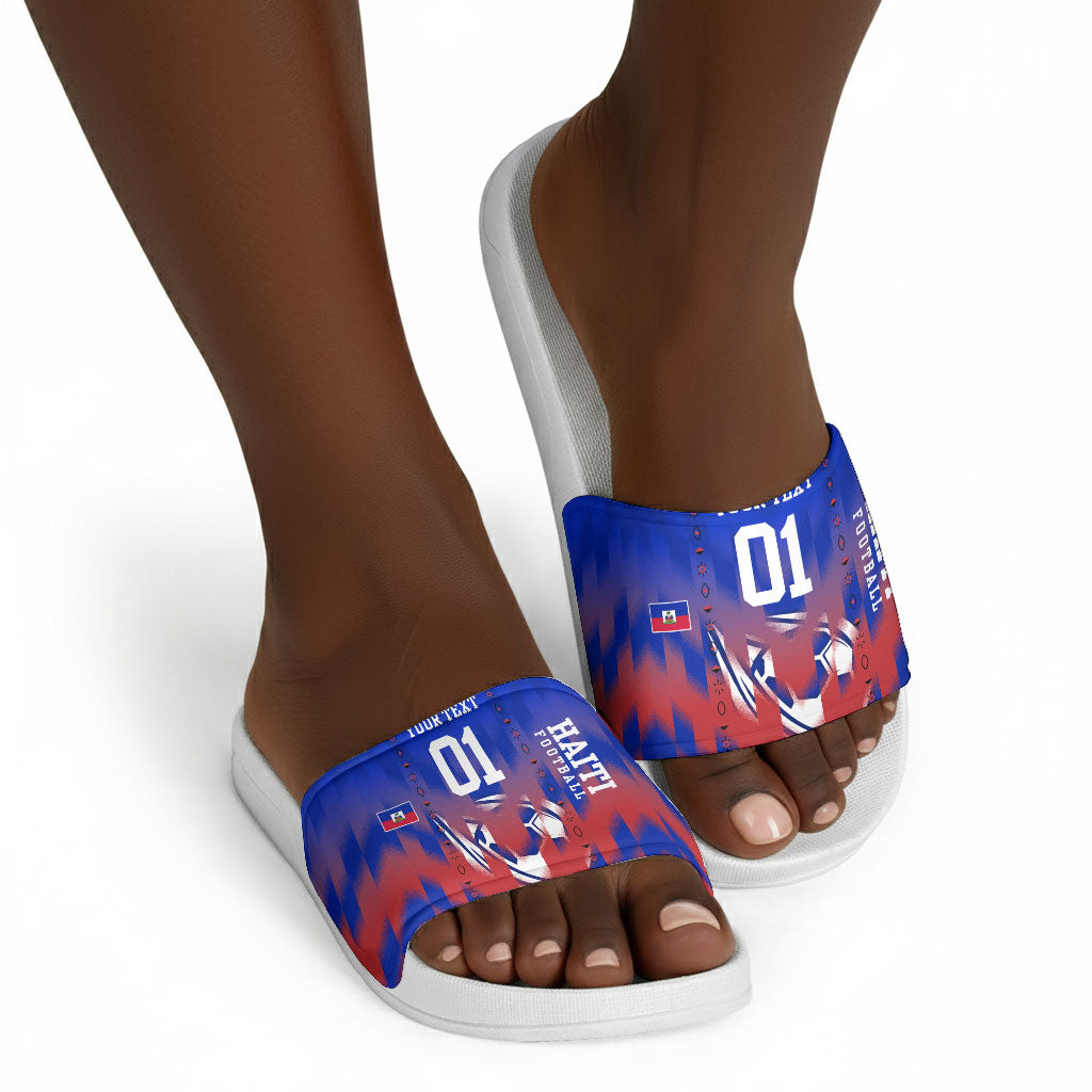 Personalized Haiti Football Slide Sandals Brush Stroke Soccer Graphic Flag Colors