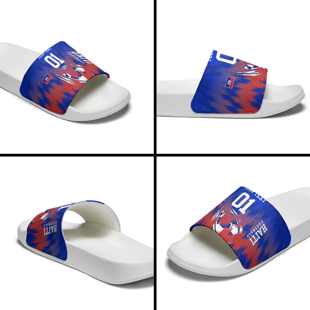 Personalized Haiti Football Slide Sandals Brush Stroke Soccer Graphic Flag Colors