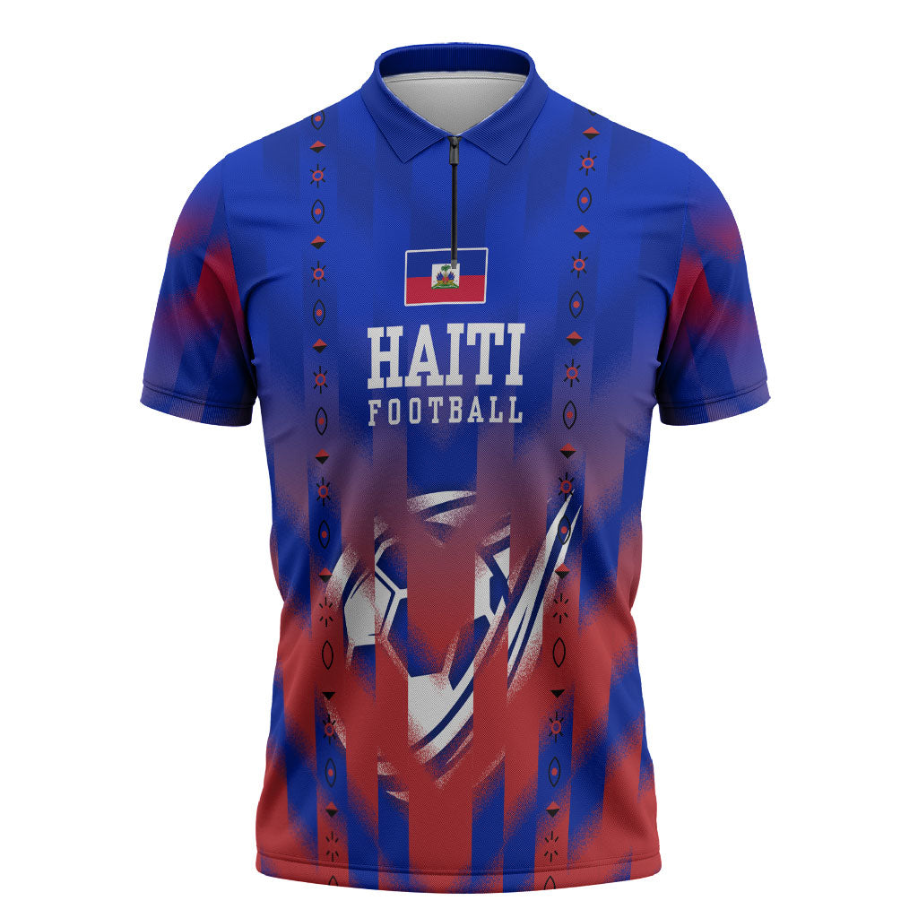 Personalized Haiti Football Zipper Polo Shirt Brush Stroke Soccer Graphic Flag Colors