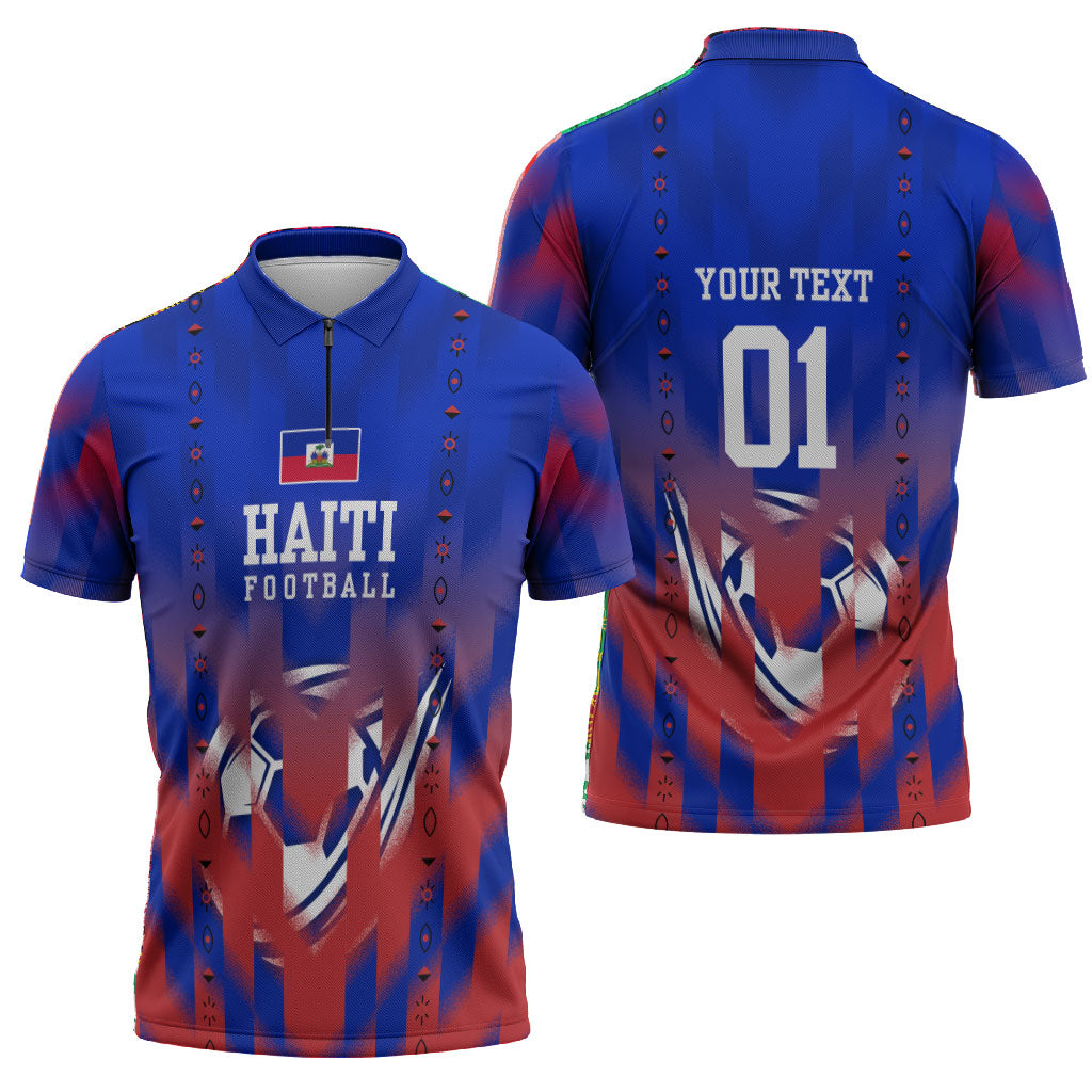 Personalized Haiti Football Zipper Polo Shirt Brush Stroke Soccer Graphic Flag Colors