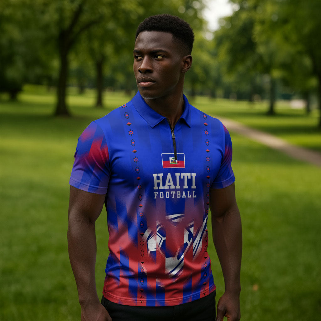 Personalized Haiti Football Zipper Polo Shirt Brush Stroke Soccer Graphic Flag Colors