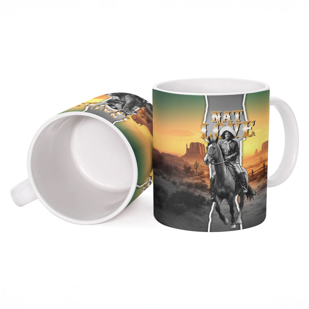 Nat Love Deadwood Dick Legendary Black Cowboy Ceramic Mug Western Frontier Style With Native Southwest Pattern