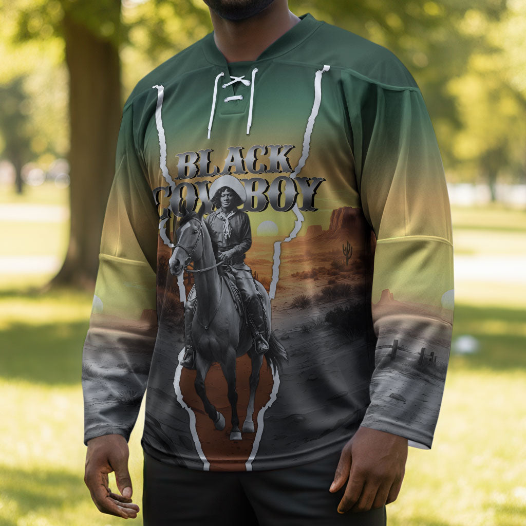 Nat Love Deadwood Dick Legendary Black Cowboy Hockey Jersey Western Frontier Style With Native Southwest Pattern