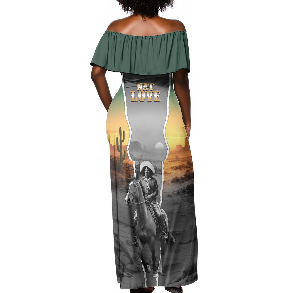 Nat Love Deadwood Dick Legendary Black Cowboy Off Shoulder Maxi Dress Western Frontier Style With Native Southwest Pattern