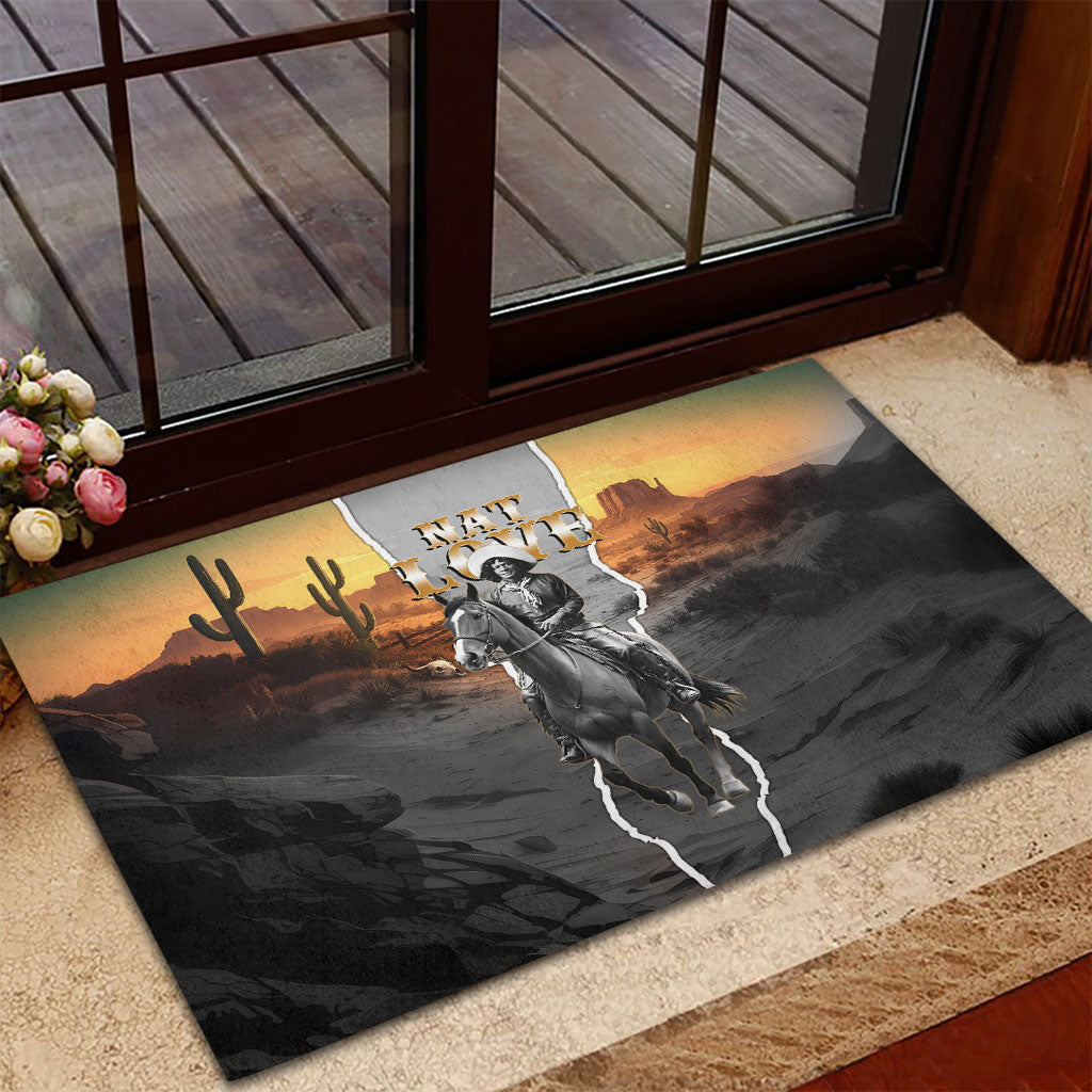 Nat Love Deadwood Dick Legendary Black Cowboy Rubber Doormat Western Frontier Style With Native Southwest Pattern