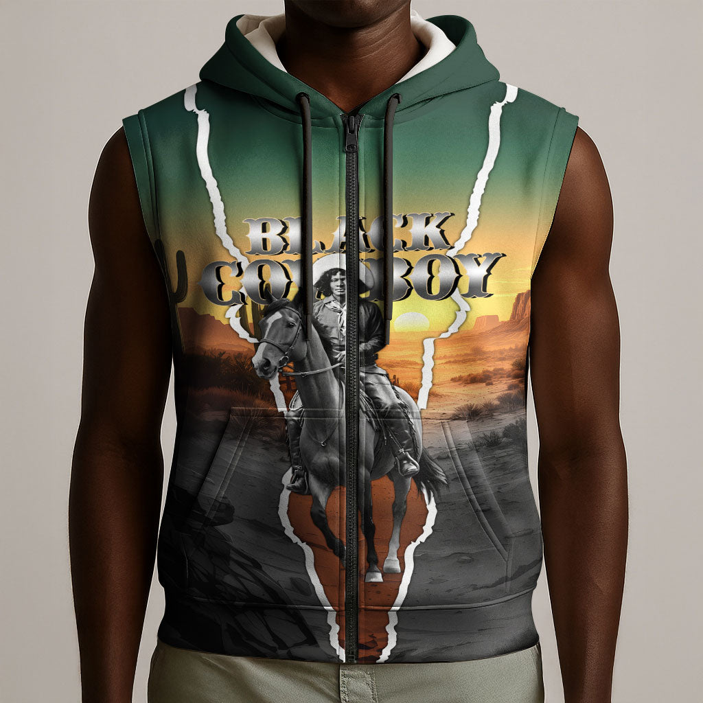 Nat Love Deadwood Dick Legendary Black Cowboy Sleeveless Zip Hoodie Western Frontier Style With Native Southwest Pattern
