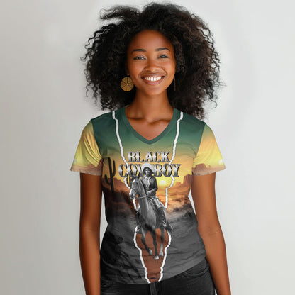 Nat Love Deadwood Dick Legendary Black Cowboy Women V-Neck T-Shirt Western Frontier Style With Native Southwest Pattern