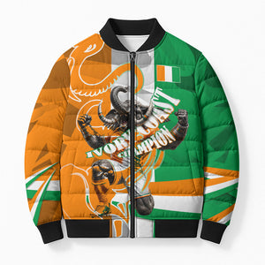 Personalized Ivory Coast Football Elephant Champion Bomber Puffer Jacket Cote d Ivoire Flag Colors Heritage