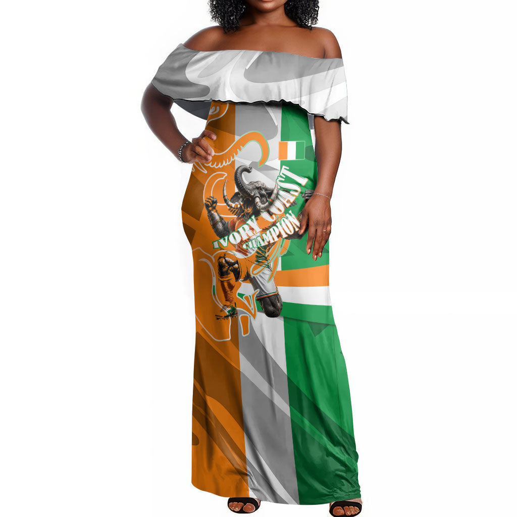Personalized Ivory Coast Football Elephant Champion Off Shoulder Maxi Dress Cote d Ivoire Flag Colors Heritage