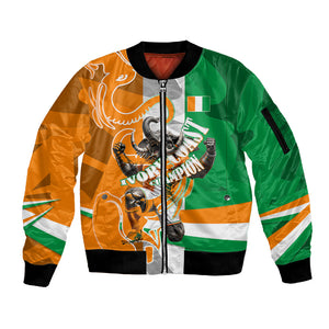 Personalized Ivory Coast Football Elephant Champion Sleeve Zip Bomber Jacket Cote d Ivoire Flag Colors Heritage