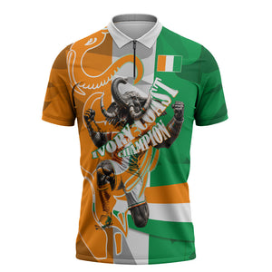 Personalized Ivory Coast Football Elephant Champion Zipper Polo Shirt Cote d Ivoire Flag Colors Heritage