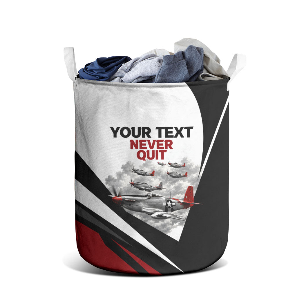 Personalized Tuskegee Airmen Laundry Basket Red Tails P-51 Mustang WWII Aviation Never Quit
