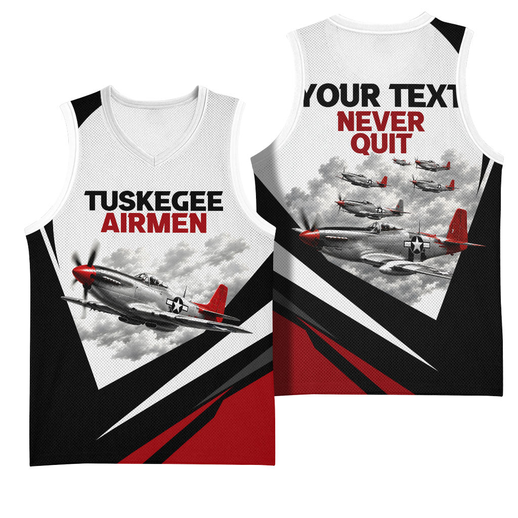 Personalized Tuskegee Airmen Basketball Jersey Red Tails P-51 Mustang WWII Aviation Never Quit