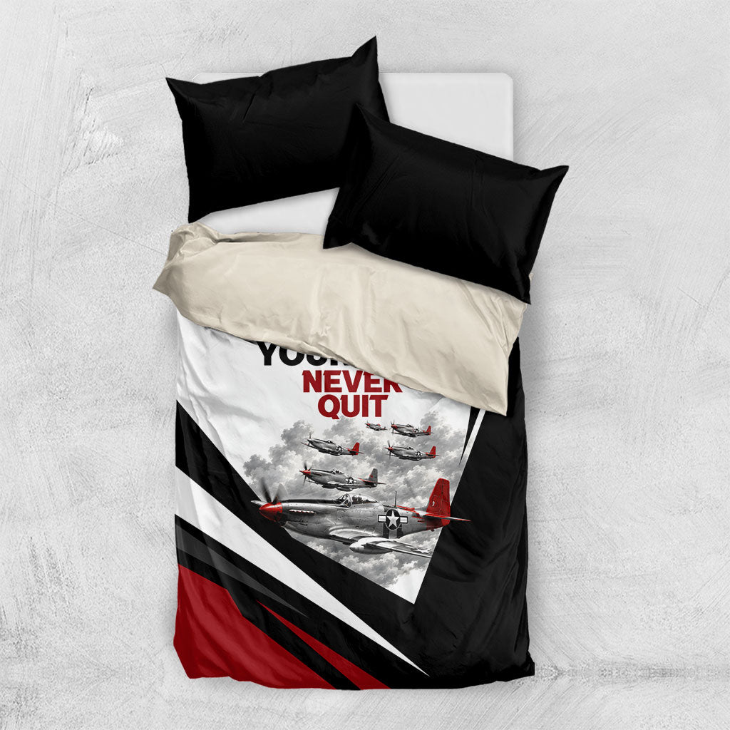 Personalized Tuskegee Airmen Bedding Set Red Tails P-51 Mustang WWII Aviation Never Quit