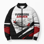 Personalized Tuskegee Airmen Bomber Puffer Jacket Red Tails P-51 Mustang WWII Aviation Never Quit