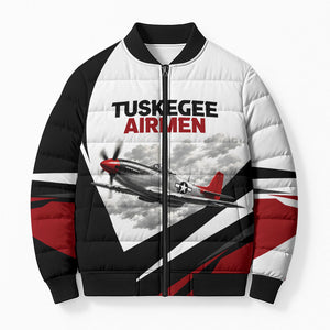 Personalized Tuskegee Airmen Bomber Puffer Jacket Red Tails P-51 Mustang WWII Aviation Never Quit