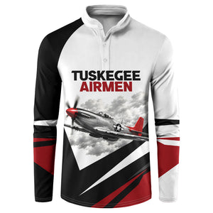 Personalized Tuskegee Airmen Button Sweatshirt Red Tails P-51 Mustang WWII Aviation Never Quit