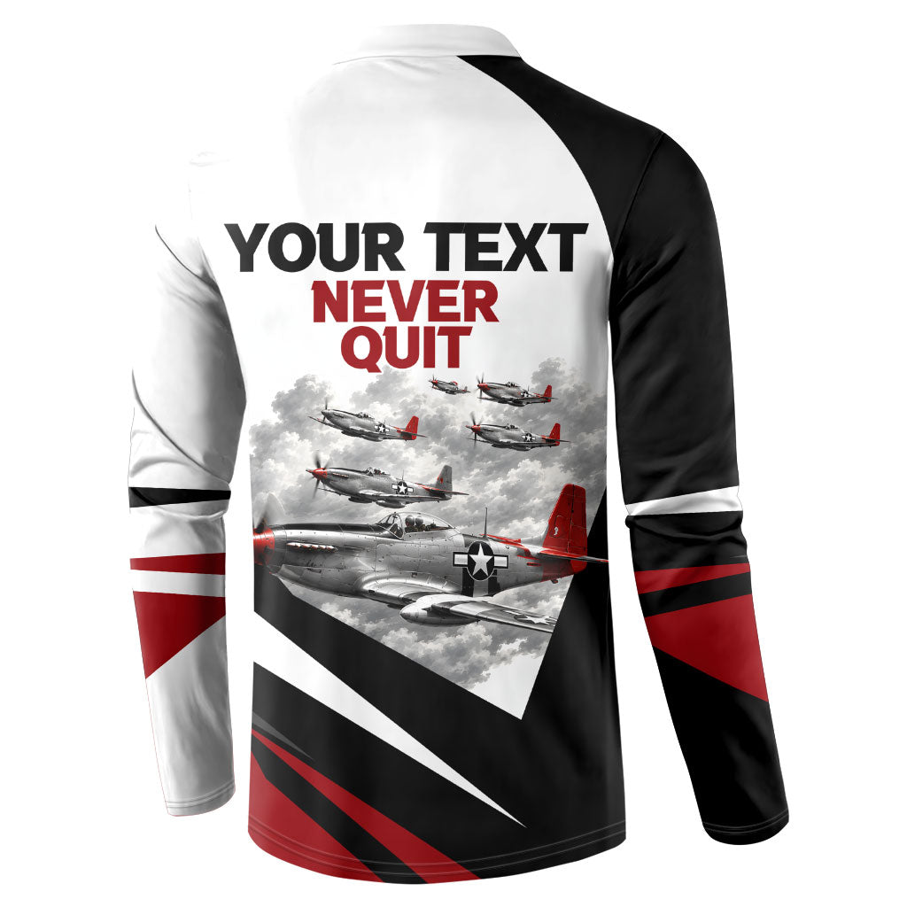 Personalized Tuskegee Airmen Button Sweatshirt Red Tails P-51 Mustang WWII Aviation Never Quit