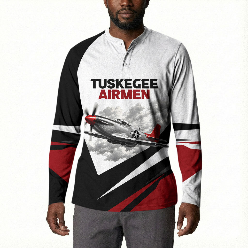 Personalized Tuskegee Airmen Button Sweatshirt Red Tails P-51 Mustang WWII Aviation Never Quit