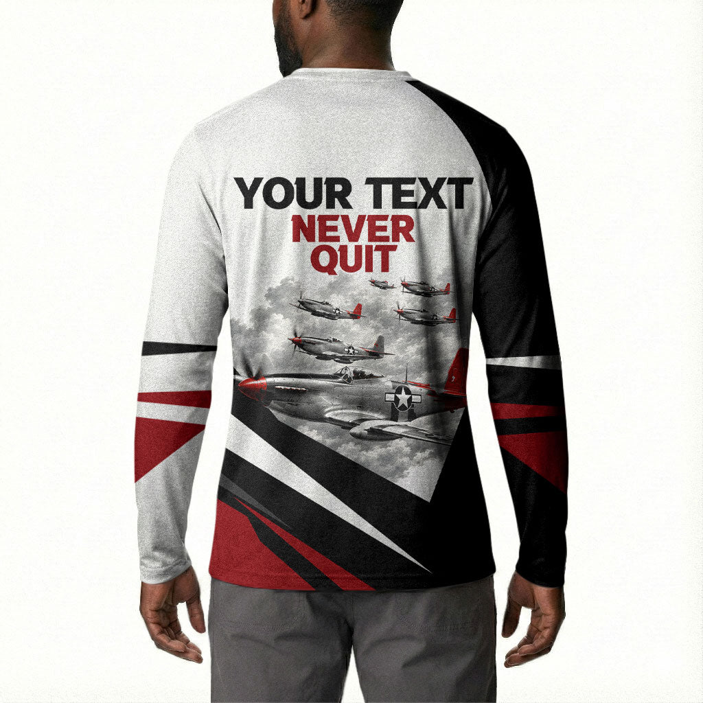 Personalized Tuskegee Airmen Button Sweatshirt Red Tails P-51 Mustang WWII Aviation Never Quit
