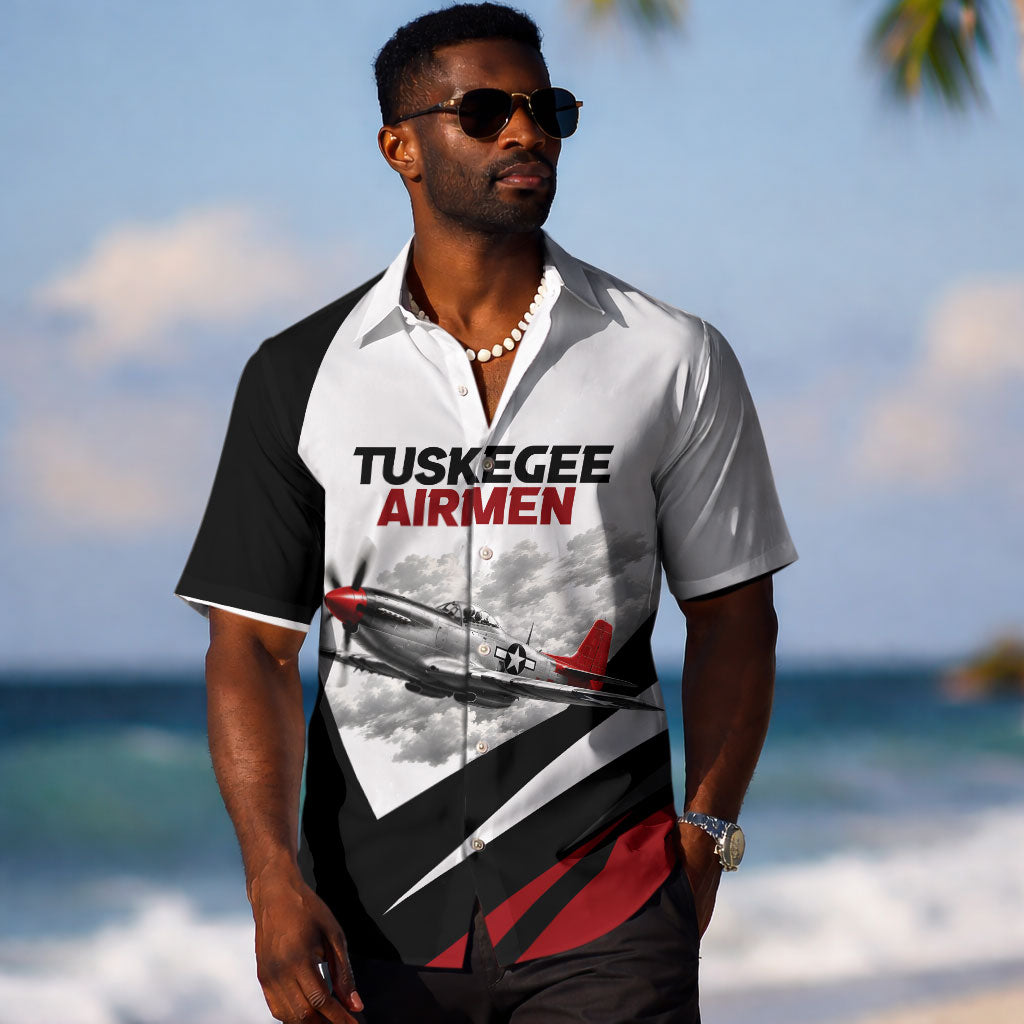 Personalized Tuskegee Airmen Hawaiian Shirt Red Tails P-51 Mustang WWII Aviation Never Quit