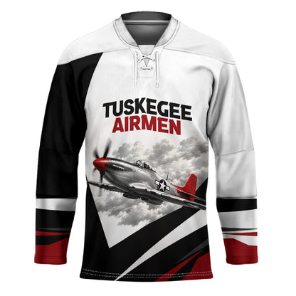 Personalized Tuskegee Airmen Hockey Jersey Red Tails P-51 Mustang WWII Aviation Never Quit