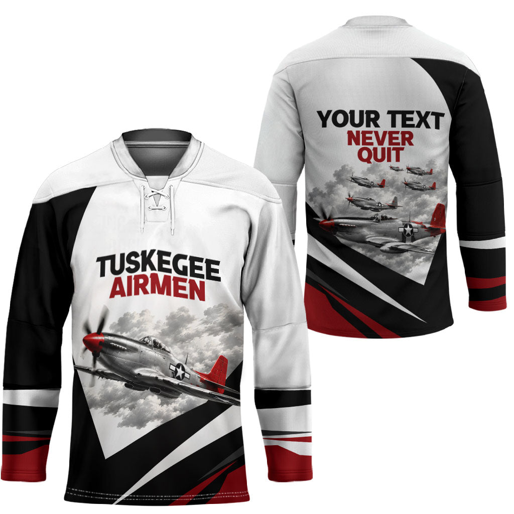 Personalized Tuskegee Airmen Hockey Jersey Red Tails P-51 Mustang WWII Aviation Never Quit